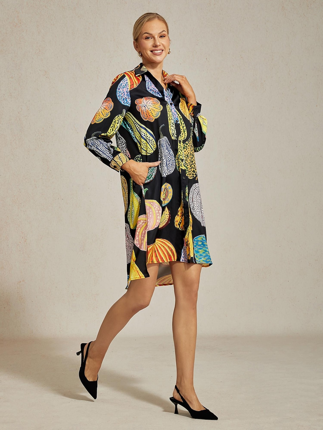 Women's Black Pumpkin Print Shirt Dress V Neck Loose Fit Asymmetrical Hem Split Design Elegant Stylish Daily Work Party Fall 2025 - $97.99 –P5