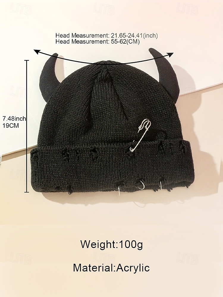 unisex halloween-paholaisen sarvineulepipo – goottilainen punk-kallomyssy hakaneulalla ja rengaskorjauksilla miehille ja naisille, juhla-asu 2025 - $11.99 –P7