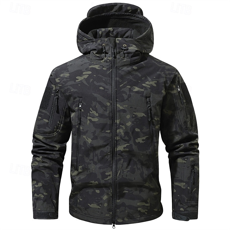 Herr Utomhusjacka Softshelljacka Vandringsjacka Semester Dagligen Vindtät Vattenfast Ficka Höst Vinter Kamuflasje Mode Klassisk Huva Normal Mörkgrå Svart Ljusgrön Blå Mörkgrön Jacka 2026 - $47.99 –P14