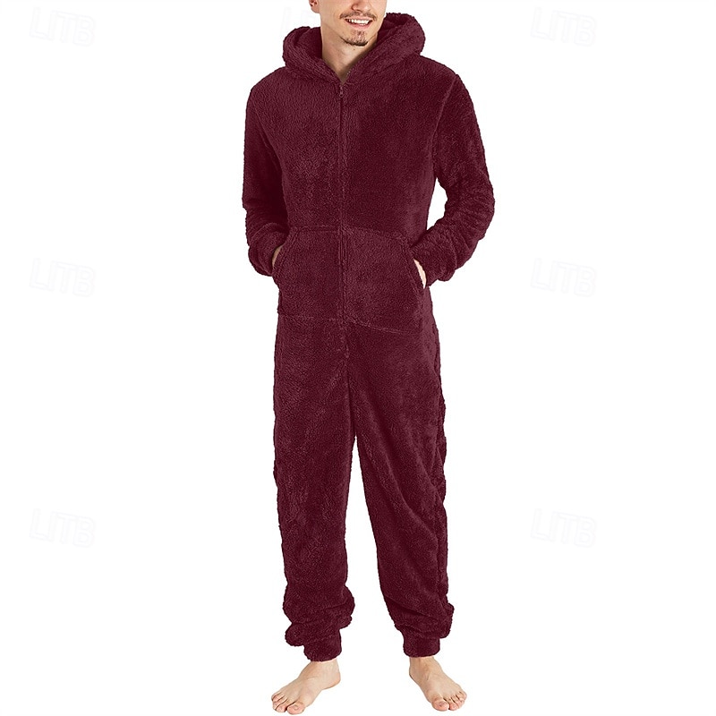 Men's Loungewear Bodysuits Sleepwear 1 PC Plain Warm Fashion Stylish Home Daily Bed Sherpa Polar Fleece Thermal Warm Comfort Soft Hoodie Long Sleeve Pocket Fall Winter Light Pink Black 2026 - $46.99 –P9