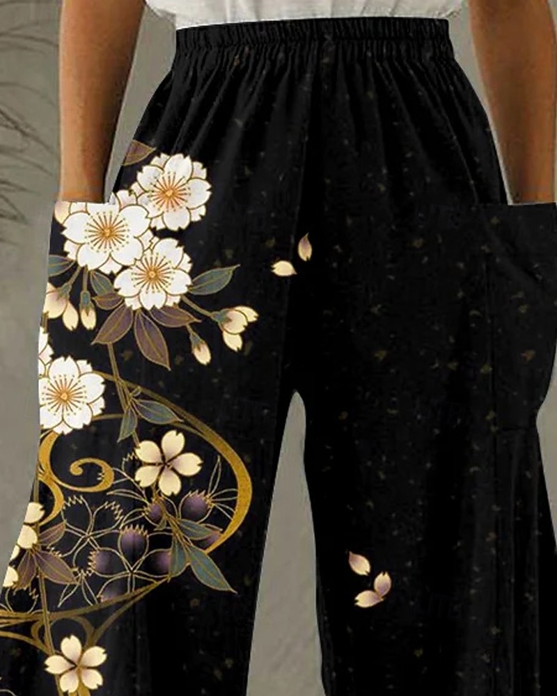 Damen Weites Bein Hosen Hose Urlaub Vintage Ethno-Stil Volle Länge Hohe Taille Blumen Tasche Elastischer Bund Druck Bequem Atmungsaktivität Unelastisch Lässig Täglich Urlaub Schwarz Sommer Frühling 2026 - $44.99 –P2