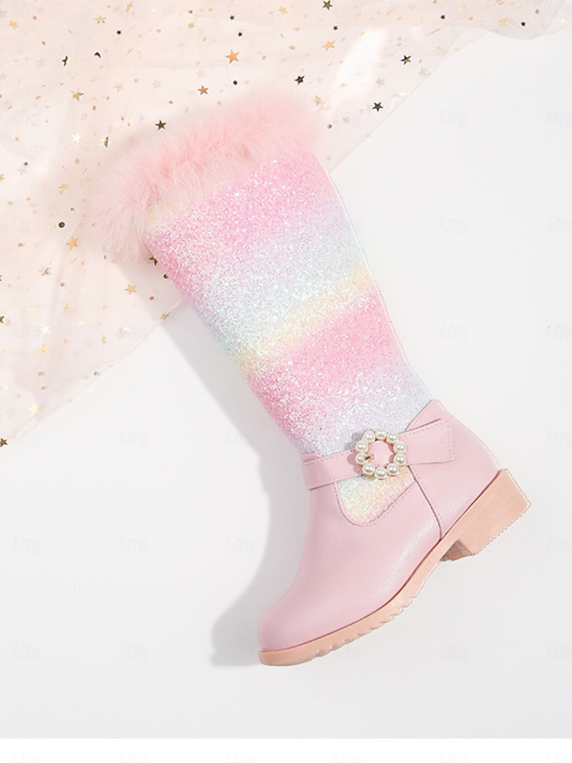 Dívčí duhové třpytivé kozačky pod kolena s lemem z umělé kožešiny a perleťovou sponou - třpytivé zimní boty pro děti na párty a svátky. 2026 - $54.99 –P1