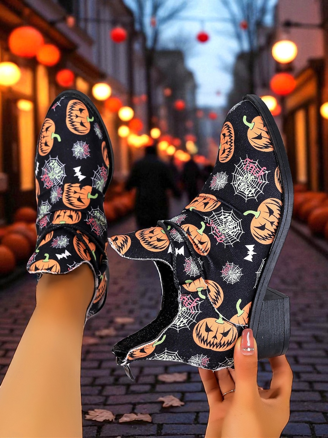 Women's Halloween Pumpkin and Spider Web Ankle Boots – Festive Low Heel Booties for Costume Party, Cosplay and Fall Fashion 2025 - $32.99 –P1