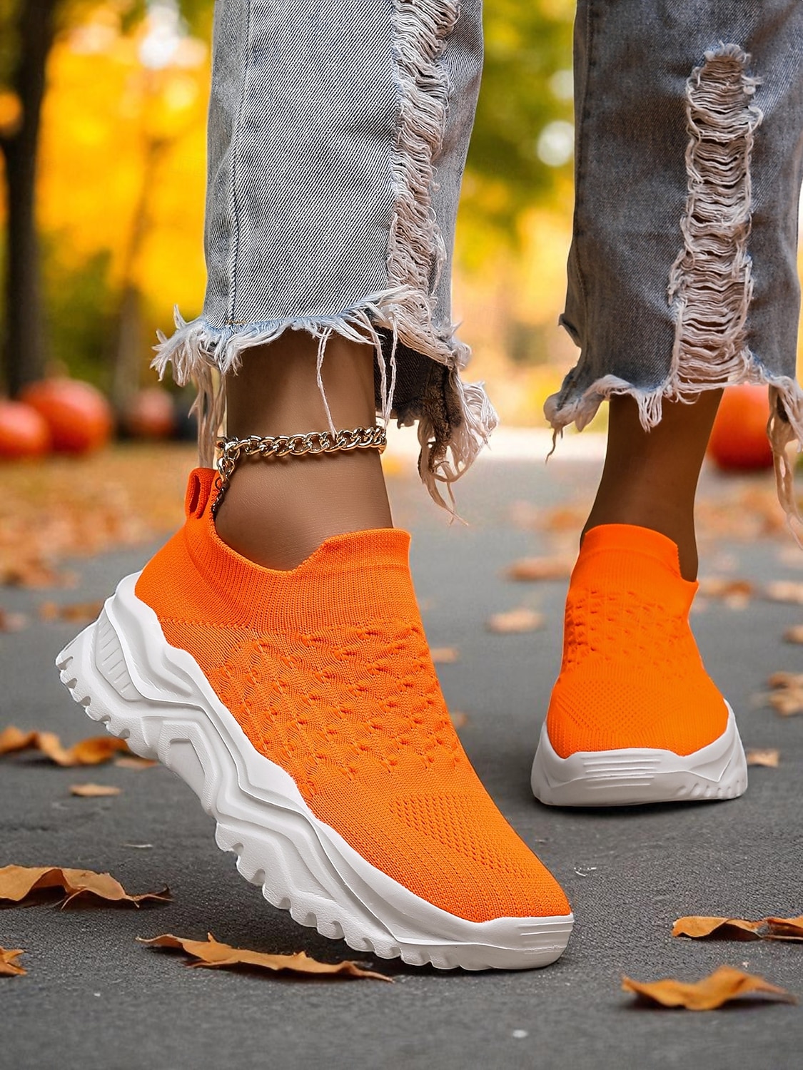 Women's Orange Slip-On Flyknit Sneakers – Breathable Mesh Lightweight Walking Shoes with Chunky Sole for Casual and Sport 2026 - $34.99 –P6