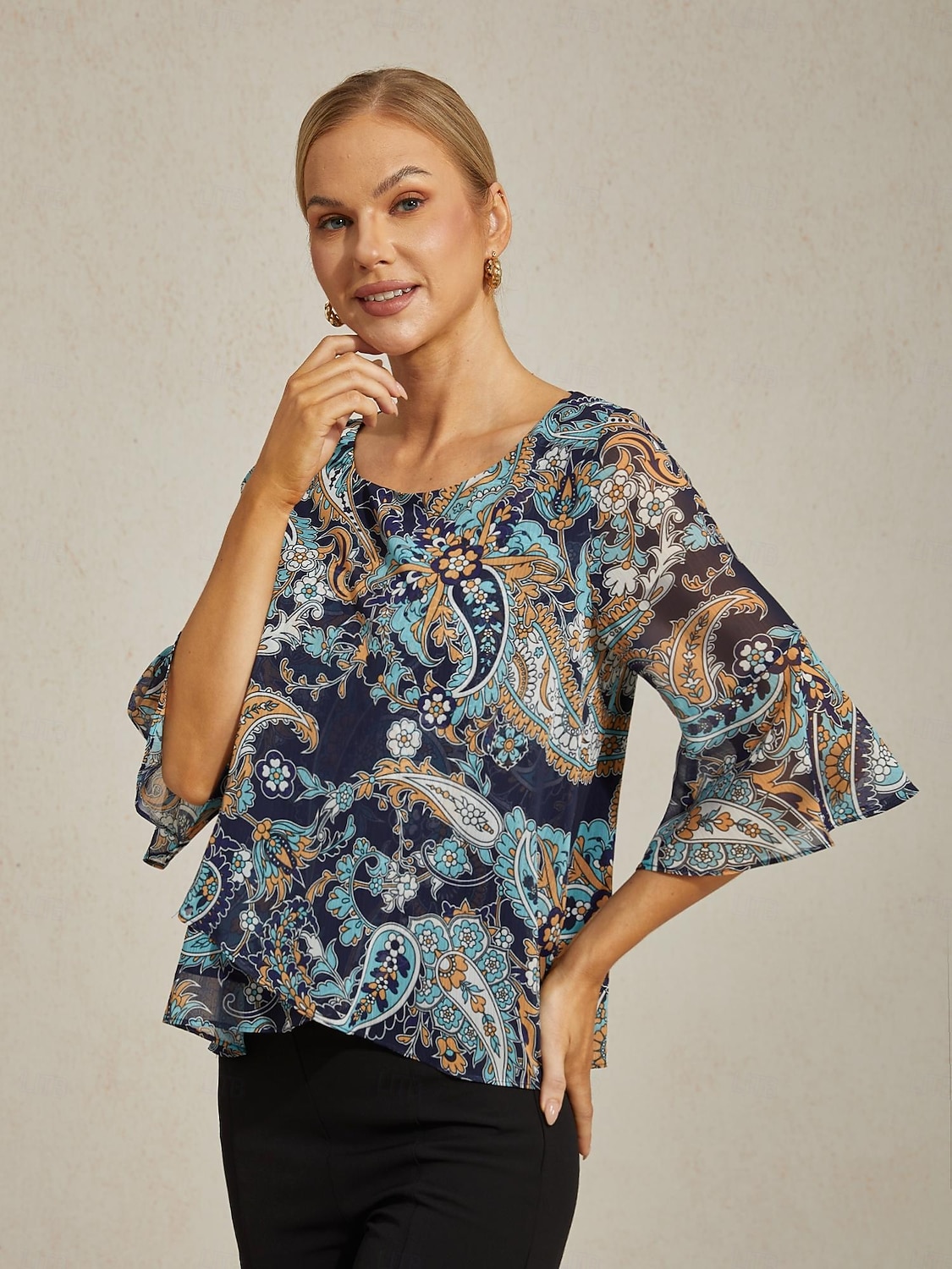 Dame Paisly Avslappet Blå Paisley 3/4 Erme Elegant Fritid hverdag Crew-hals Rund Sommer Vår Høst 2026 - $67.99 –P5