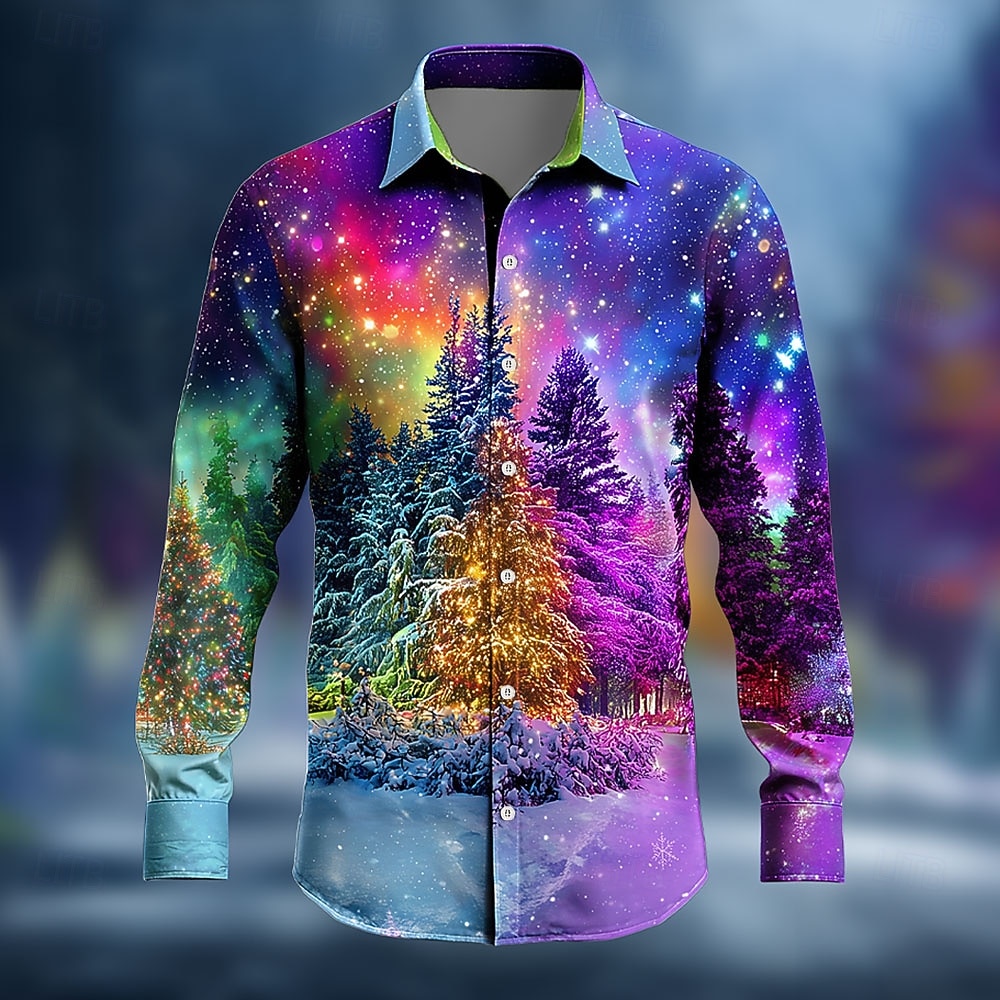 Navidad Hombre Árbol de Navidad Aurora Disfraz de Navidad Camisa Abotonar la camisa Manga Larga Gracioso Exterior Festivos Primavera Otoño Cuello Vuelto Impresión 3D camisas con cuello Azul 1# Azul 2025 - $26.99 –P3