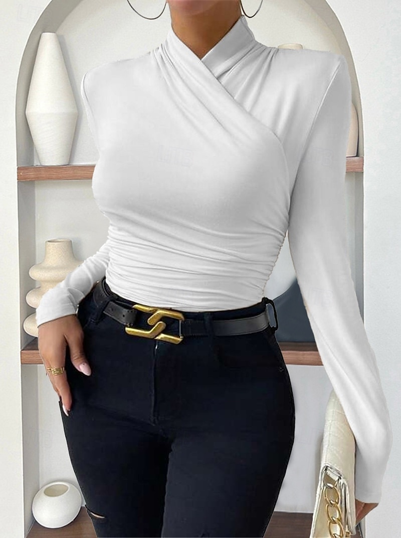 Damen Bluse Einfarbig Stilvoll Lässig Langarm V Ausschnitt Normale Oberteile Täglich Gerafft Schwarz Weiß Aprikose Grau Frühling Herbst Winter 2025 - $15.99 –P6