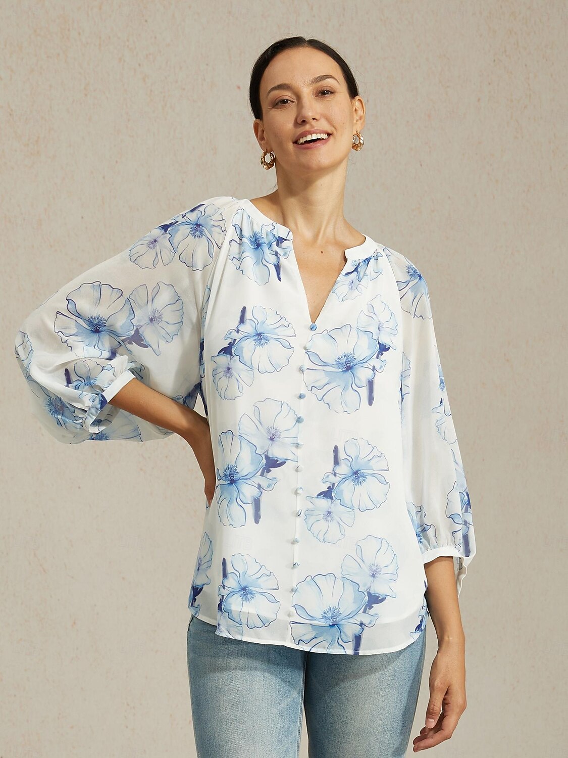 női sifon blúz tinta virágminta elegáns hétköznapi irodai tavasz nyár ősz 2025 - $72.99 –P1