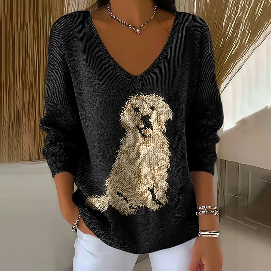 γυναικείο πουλόβερ golden retriever μόδα streetwear casual γραφικό ζώο λαιμόκοψη V oversized πλεκτό μακρυμάνικο κανονικό τοπ πλεκτό ΕΞΩΤΕΡΙΚΟΥ ΧΩΡΟΥ καθημερινό μαύρο άνοιξη φθινόπωρο 2026 - $11.99 –P1