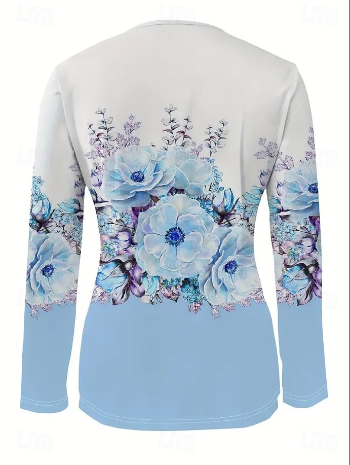 Женская футболка с короткой молнией на груди длинный рукав повседневная графическая tribal винтажная бохо тропическая гавайская V-образный вырез обычные топы для повседневной носки черная весна осень 2026 - $25.99 –P6