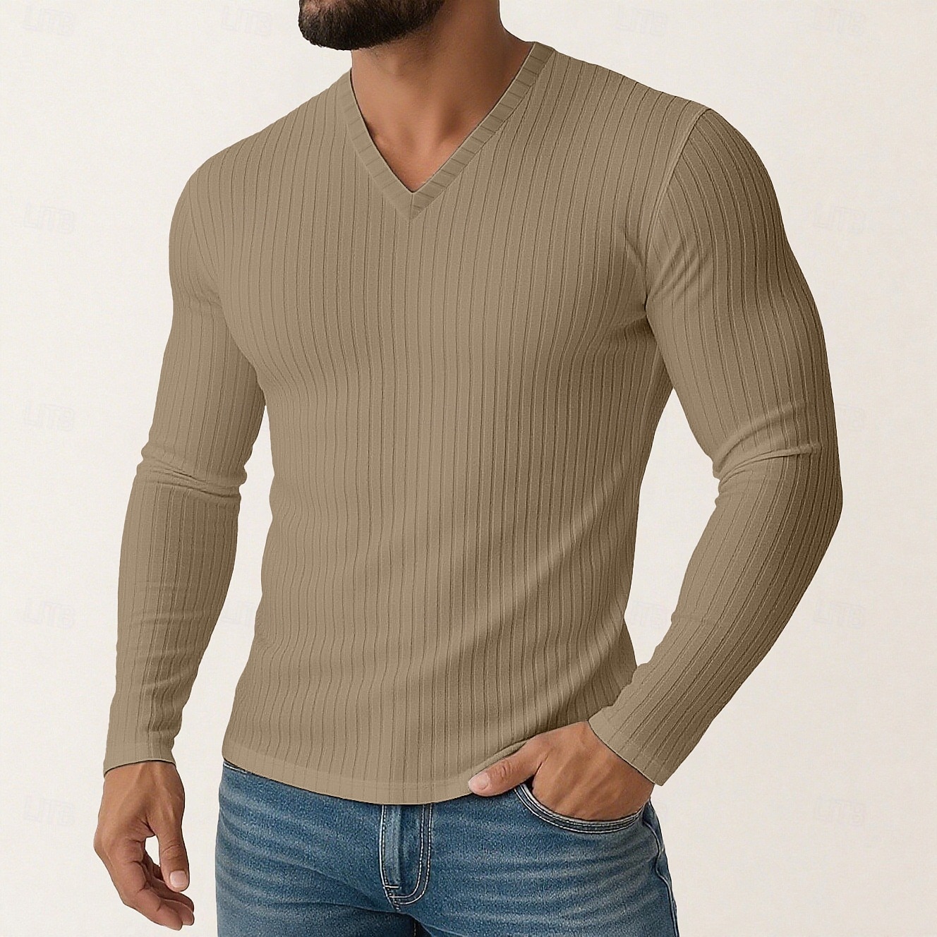 Herren T Shirt Geripptes Strick-T-Shirt T-Shirt Langarmshirt Langarm V Ausschnitt Frühling Herbst Winter Einfach Grubenstreifen Mode Designer Basic Stricken Urlaub Straße Lässig Schwarz Weiß Violett 2025 - $18.99 –P4