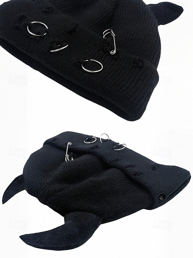 unisex halloween-paholaisen sarvineulepipo – goottilainen punk-kallomyssy hakaneulalla ja rengaskorjauksilla miehille ja naisille, juhla-asu 2025 - $11.99 –P6