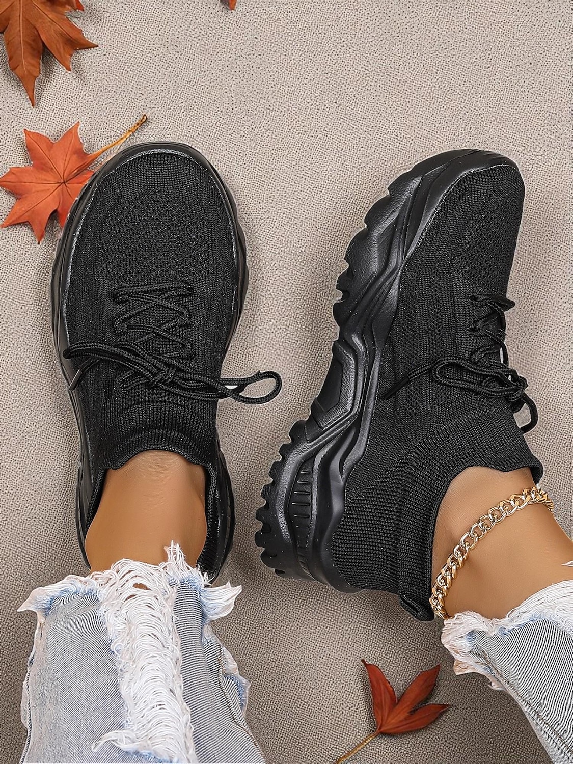röda flyknit damsneakers med grov sula – andningsbara snörskor för avslappnad streetwear och gymträning 2026 - $29.99 –P5