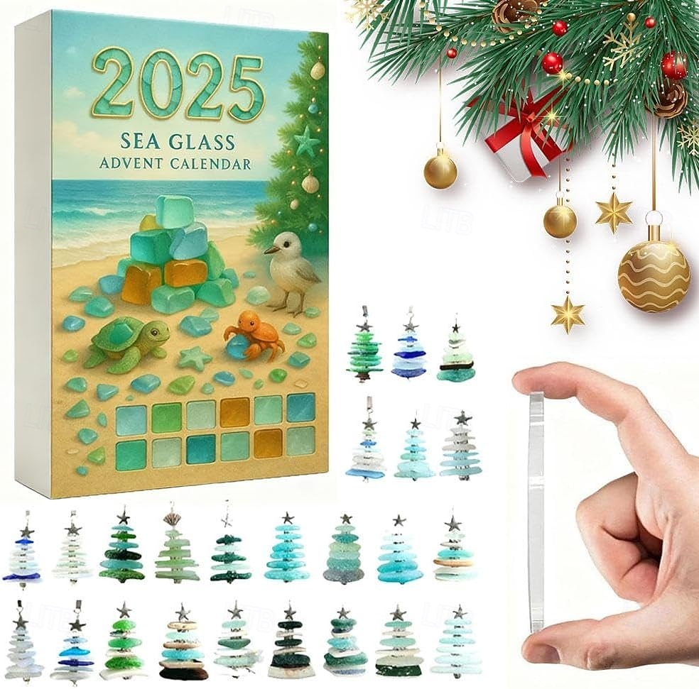 2025年 シーグラスのクリスマスツリーアドベントカレンダー、2Dアクリルシーグラスツリー、24日間のクリスマスカウントダウンカレンダー、24個のミニチュアクリスマスツリーオーナメント、海をテーマにしたホリデーサプライズ  コレクション – $19.99 –P3