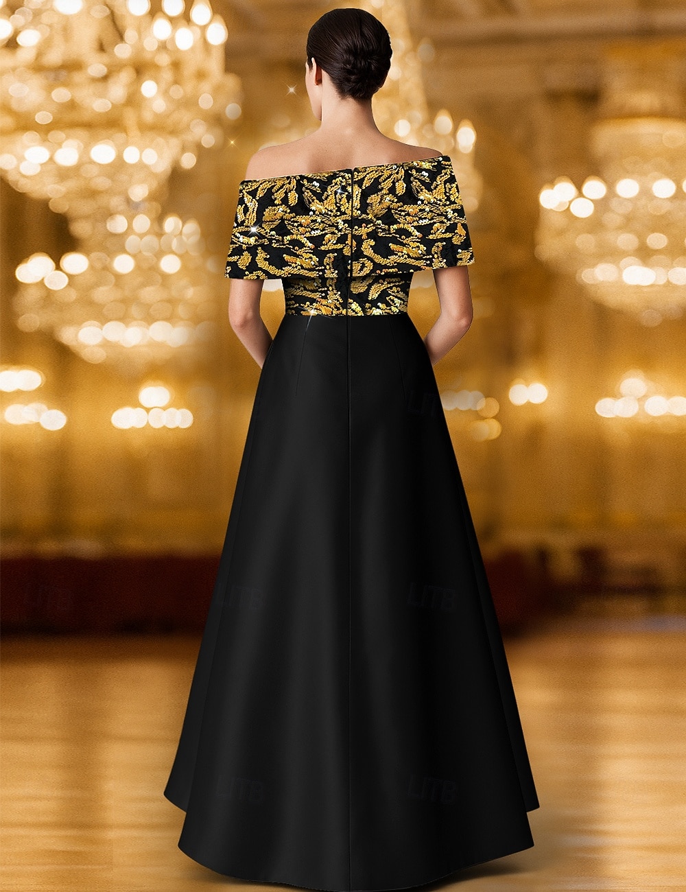 Vestido de noite preto dourado com lantejoulas evasê, elegante vestido formal para casamento formal, comprimento até o chão, um ombro só, bolso, cetim com glitter, bordado, xale 2025 de 2025 por $149.99 –P2