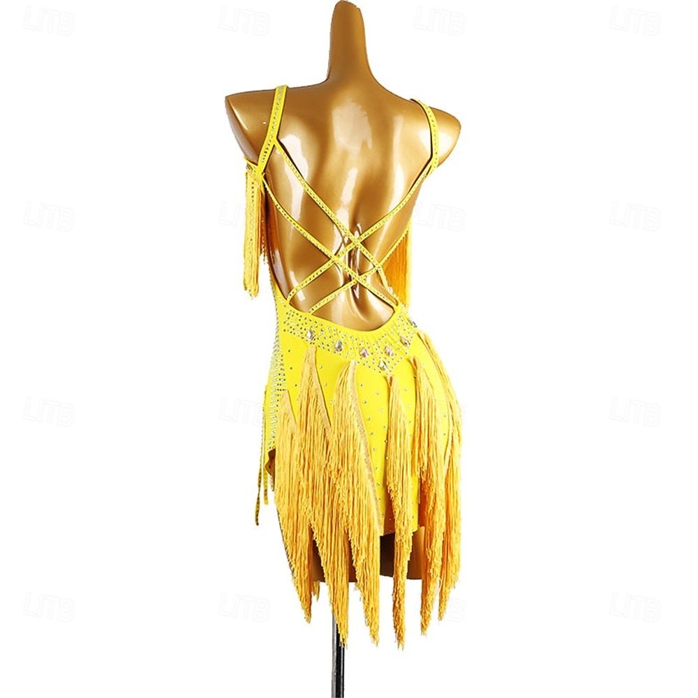 Women's Black Fringe Latin Dance Dress with Rhinestone Detailing, Sleeveless, and Crisscross Straps – Perfect for Salsa, Rumba, and Performance Wear 2026 - $222.79 –P13