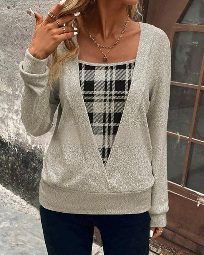 نسائي قميص بلوزة منقوش أنيق أساسي كاجوال كم طويل رقبة مربعة قمصان عادية مناسب للبس اليومي مناسب للعطلات طباعة كاكي الربيع الخريف الشتاء 2025 - $28.99 –P1