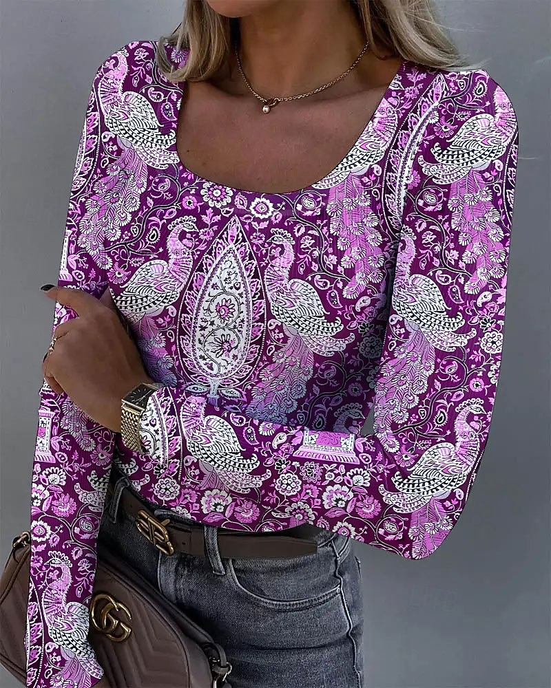 Per donna Tunica Floreale Grafico Uccello Vintage Moda Elegante Manica Lunga Collo quadrato Top Regolari Quotidiano Stampato Blu Viola Arancione Verde Primavera Autunno del 2025 a $24.99 –P3