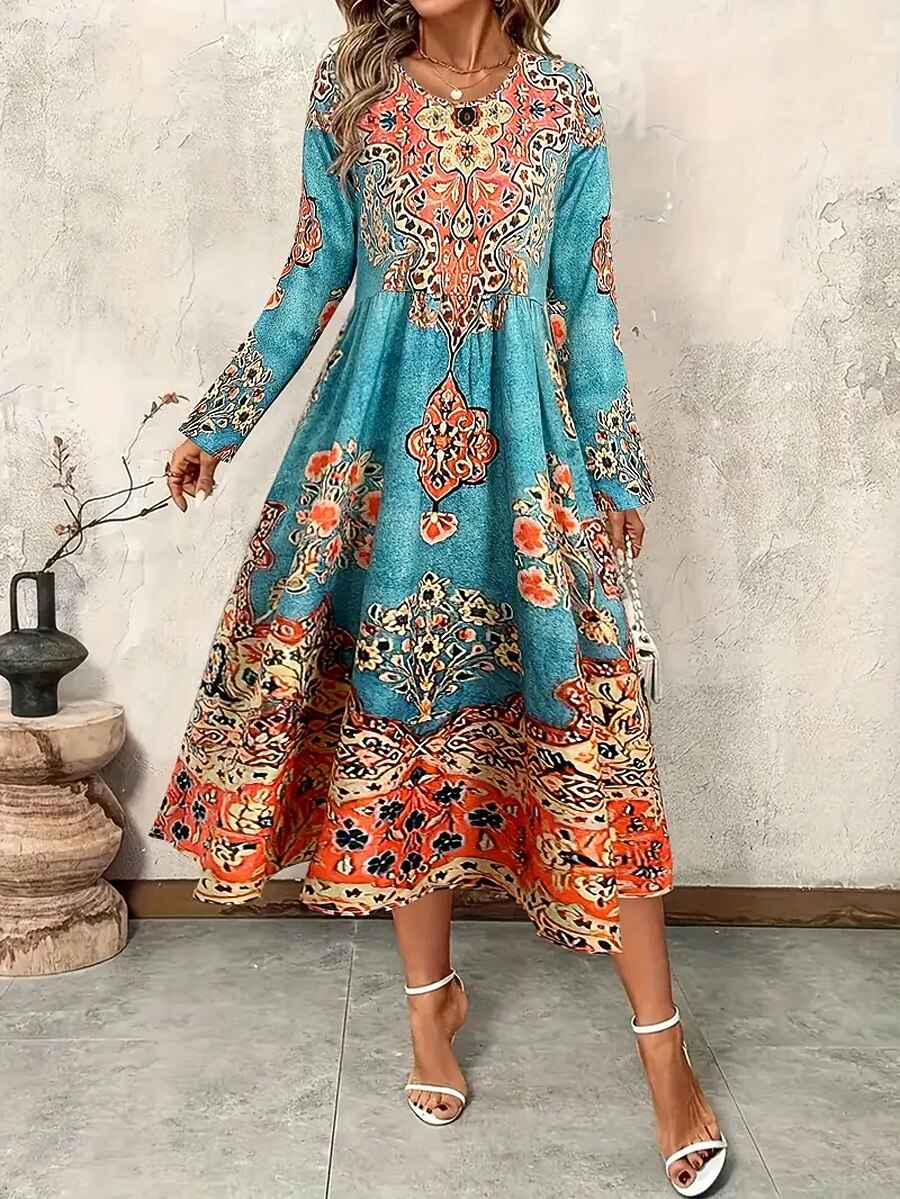 Női Maxiruha A vonalú ruha Fit and Flare ruha Szabadság Alkalmi Boho Parti Napi Alkalmi Normál Grafika Törzsi Hosszú ujj Terített nyak Lóhere Tavasz Ősz Tél 2025 - $36.99 –P1