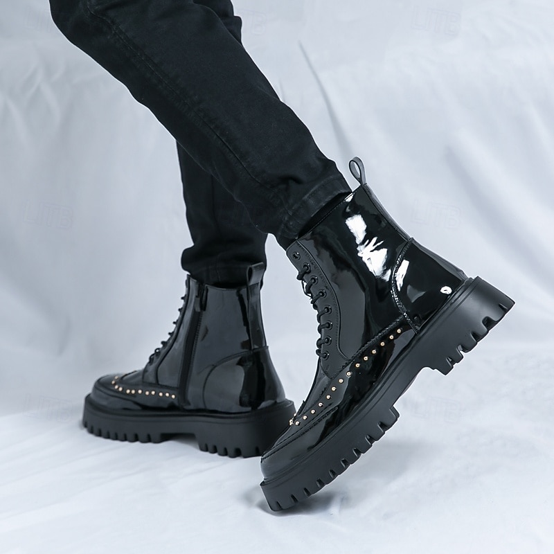 Bottes montantes punk en cuir verni PU pour homme | Détails cloutés et semelle épaisse pour un style urbain de 2025 ? $54.99 –P4