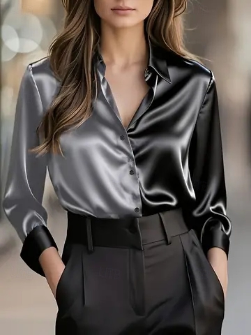Damen Elegant Satin Bluse Einfach Elegant Täglich Langarm V Ausschnitt Normale Oberteile Täglich Knöpfe Rote Grün Khaki Grau Herbst 2025 - $25.99 –P4