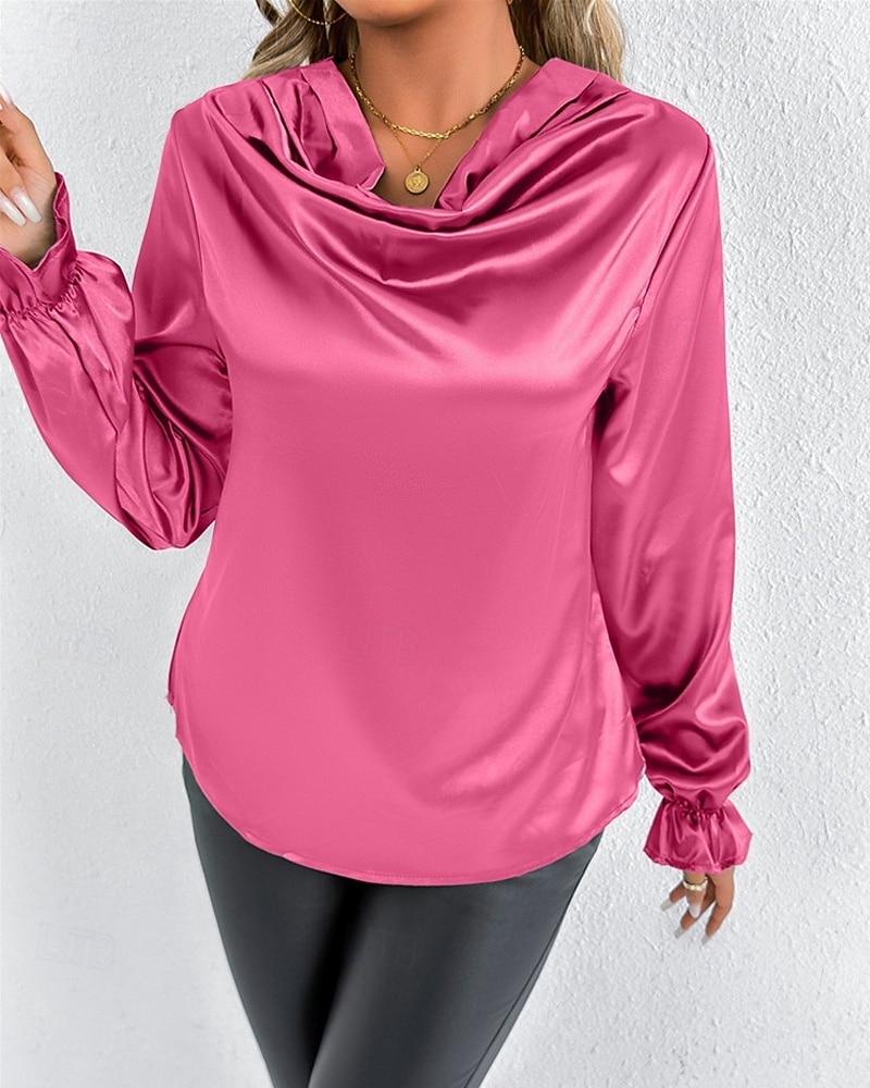 Жен. Рубашка Elegant Нарядный Атласный верх Драпировка Сплошной цвет Стиль На каждый день Длинный рукав Вырез-хомут Обычные топы Повседневные На выход Черный Розовый Зеленый Абрикосовый Весна Осень 2026 - $27.99 –P15