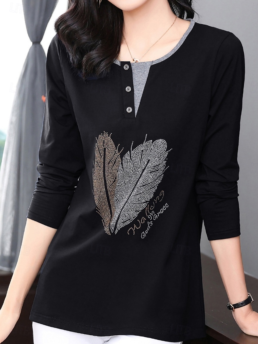Damen Bluse Feder Stilvoll Lässig Langarm Rundhalsausschnitt Normale Oberteile Täglich Patchwork Salbeigrün Schwarz Rosa Rote Königsblau Frühling Herbst 2025 - $12.99 –P8