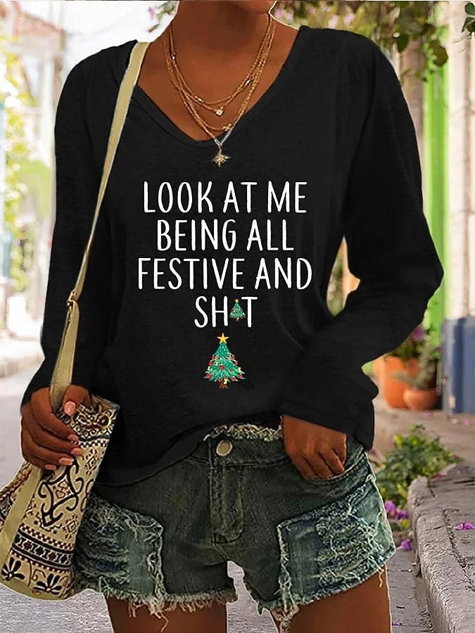 Noël Femmes T-shirt Graphique Arbre de Noël Lettre ancien Élégant Classique manche longue Col en V Hauts Réguliers Quotidien Imprimé Noir Blanche Rose Claire Rouge Vert Printemps Automne Hiver de 2025 ? $10.99 –P4