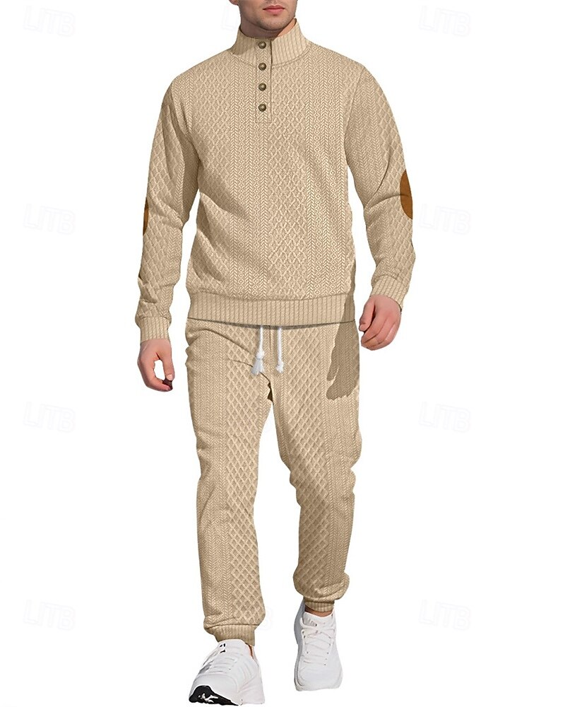 Men's Sweatshirt Tracksuit Outfit Set Stand Collar Outdoor Daily Sports Jacquard Drawstring Button Up Color Block Wine Red Black White Polyester Activewear Fashion Streetwear Spring 2025 - $52.99 –P1