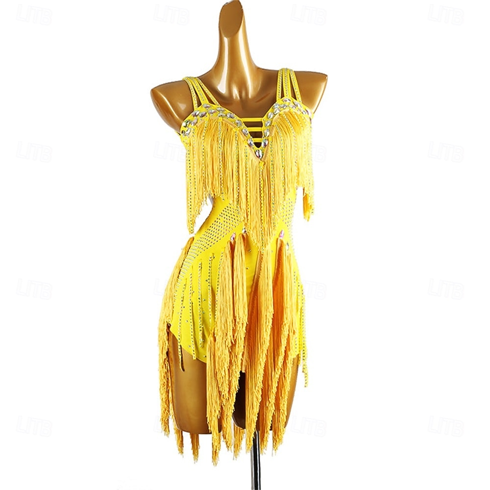 Women's Black Fringe Latin Dance Dress with Rhinestone Detailing, Sleeveless, and Crisscross Straps – Perfect for Salsa, Rumba, and Performance Wear 2026 - $222.79 –P10