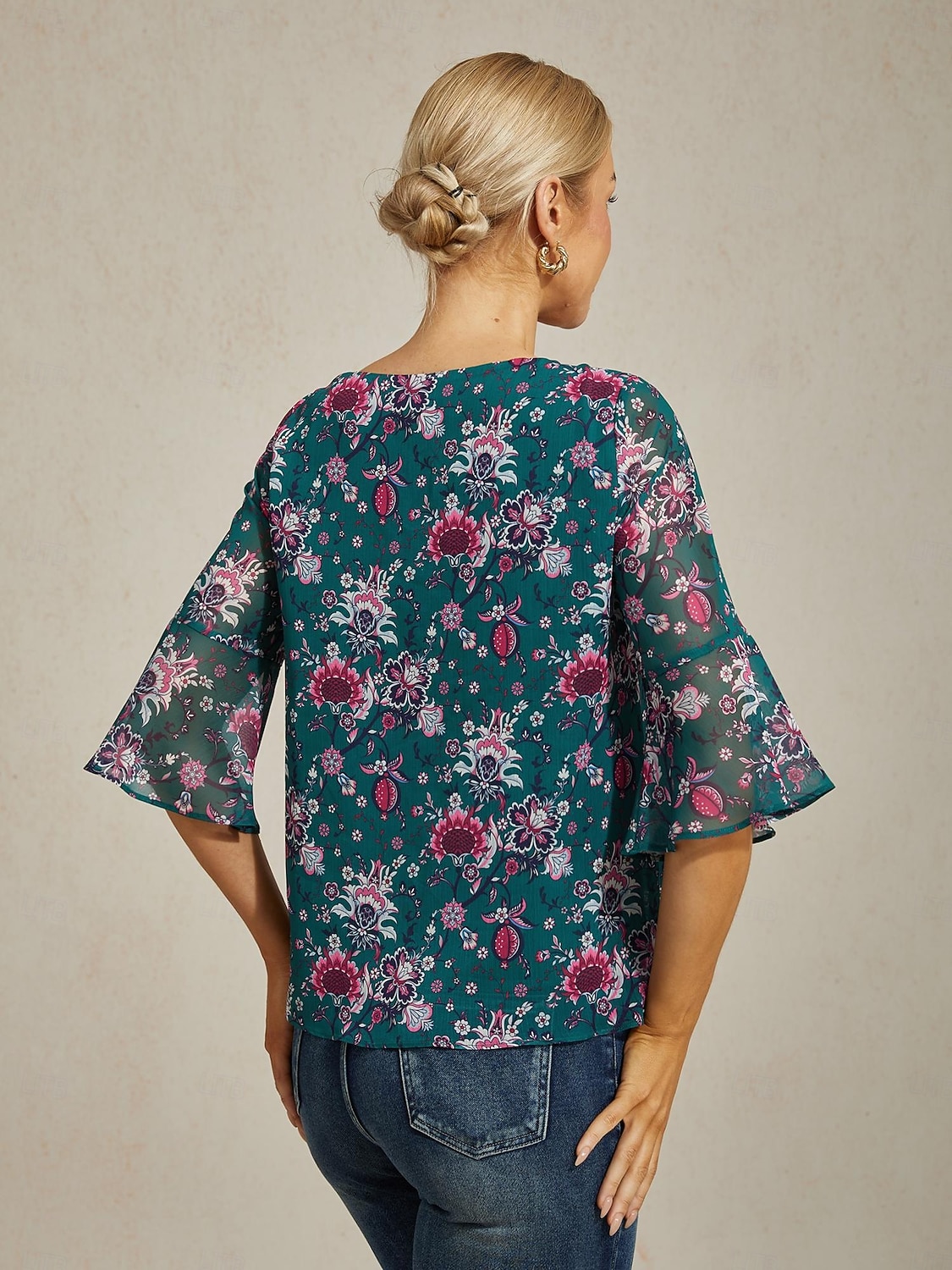 Femminile Floreale Casuale Verde Stampa Manica 3/4 Elegante Il giro Estate Primavera Autunno del 2025 a $61.99 –P7