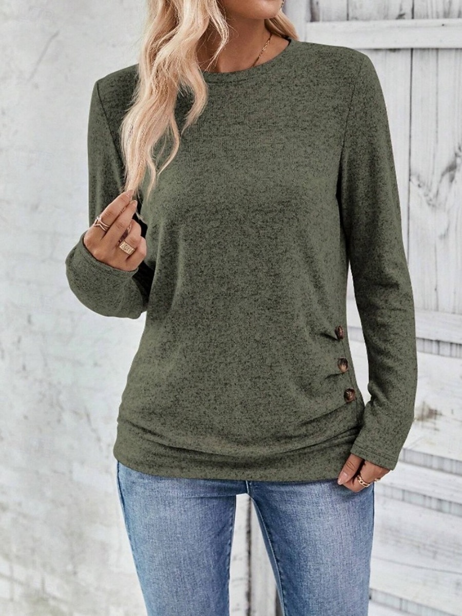 Dame Bluse Helfarge Tropisk Stilfull Fritid Langermet Crew-hals Vanlige topper Daglig Knapper Rosa Himmelblå Grønn Grå Sommer Vår Høst 2025 - $23.99 –P21