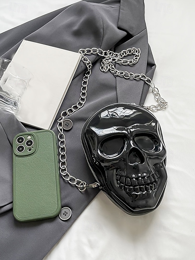 Dámská halloweenská crossbody kabelka s motivem lebky a řetízkem, 3D kostra přes rameno, gotická párty psací kabelka na kostýmy, cosplay a noční život. 2025 - $18.99 –P7