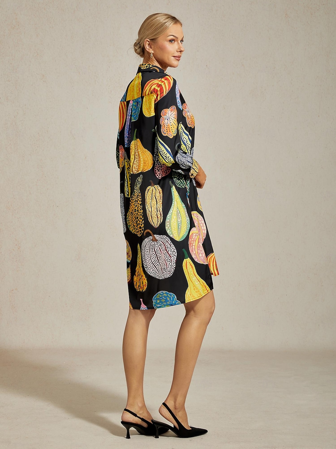 Women's Black Pumpkin Print Shirt Dress V Neck Loose Fit Asymmetrical Hem Split Design Elegant Stylish Daily Work Party Fall 2025 - $97.99 –P6