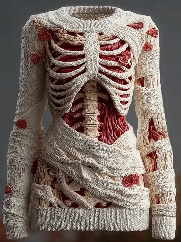 Halloween Damenpullover Skelett Mode Lässig Grafik Skelett Rundhalsausschnitt Patchwork Gestrickte Lange Ärmel Reguläre Oberteile Strick Schwarz Rosa Herbst Winter 2025 - $29.99 –P1