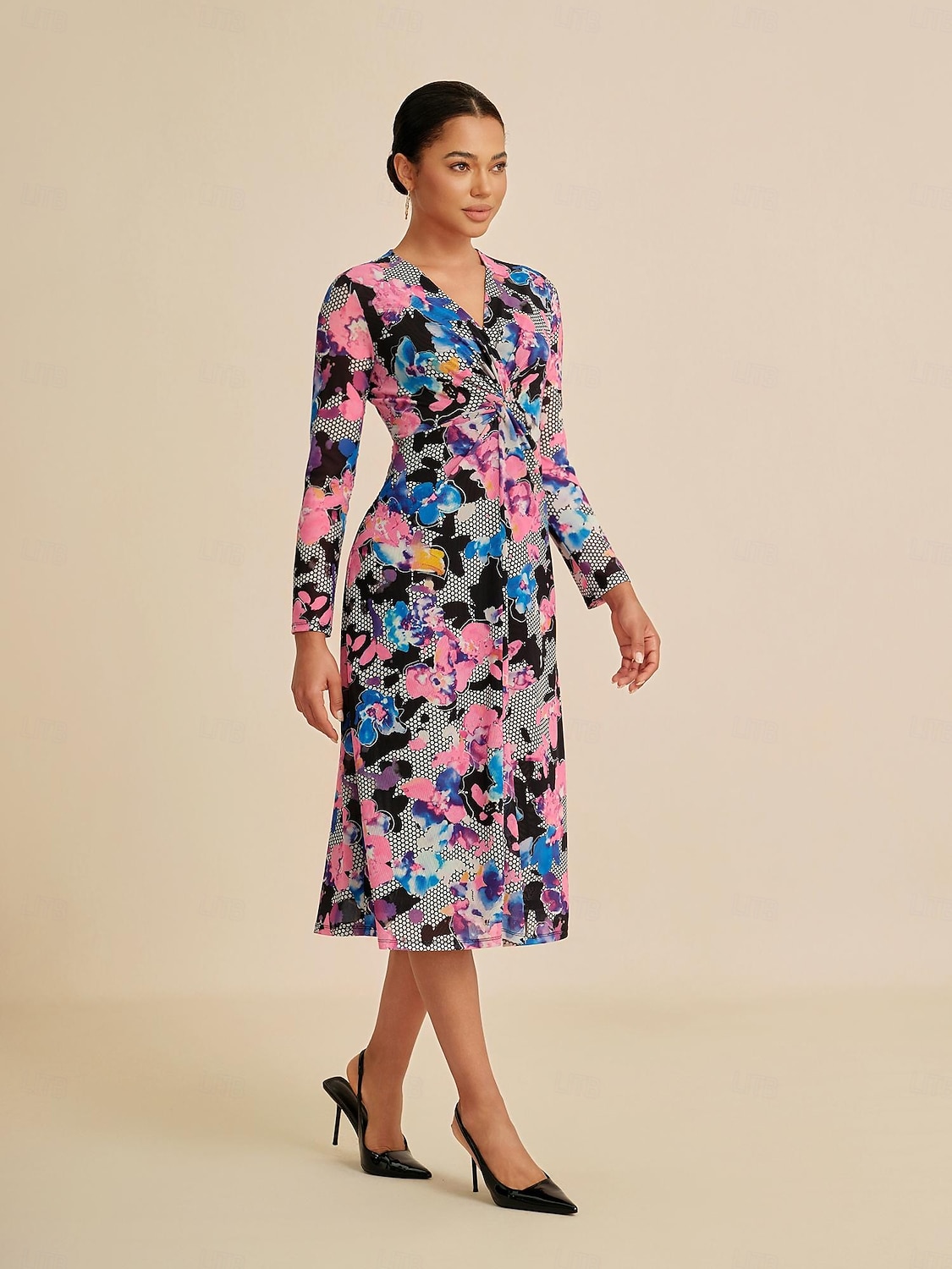 Per donna Femminile Tubino Abito Stampato Abito Midi Arcobaleno Manica Lunga Estate Primavera Scollo a V Moderno S M L del 2025 a $86.99 –P5