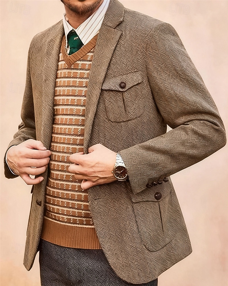 Herren Blazer Geschäft Cocktailparty Hochzeitsfeier Mode Lässig Frühling Herbst 85% Baumwolle Einfach Tasche Knöpfe Bequem Einreihig Blazer Kamel 2026 - $60.99 –P2