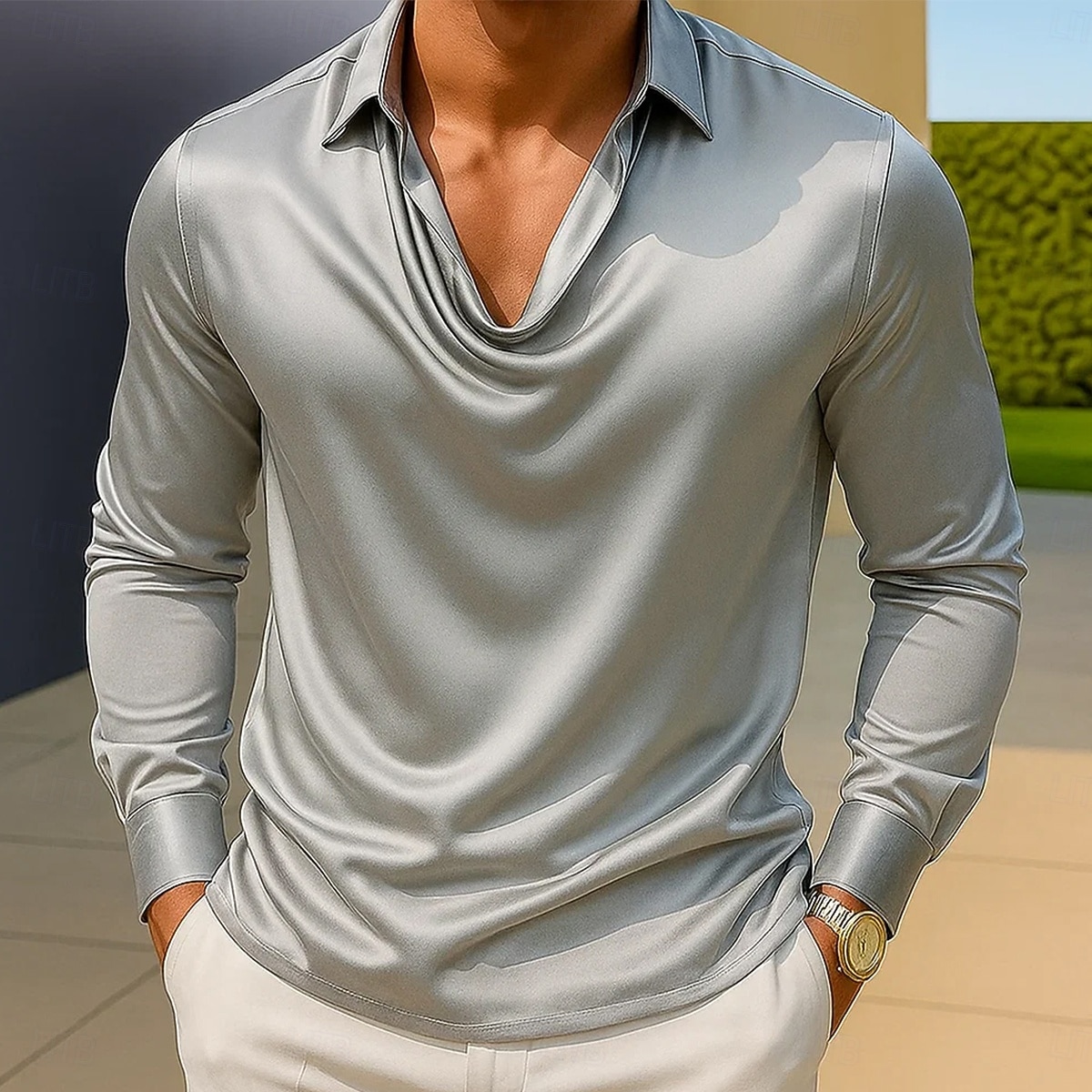 Homme Chemise Comme de la soie Chemise en satin Chemise Décontractée Uni Formel Mariage Argent Noir Dorée Vert manche longue Revers Printemps & Automne Toutes saisons Vêtement Tenue Froncé de 2025 ? $23.99 –P1