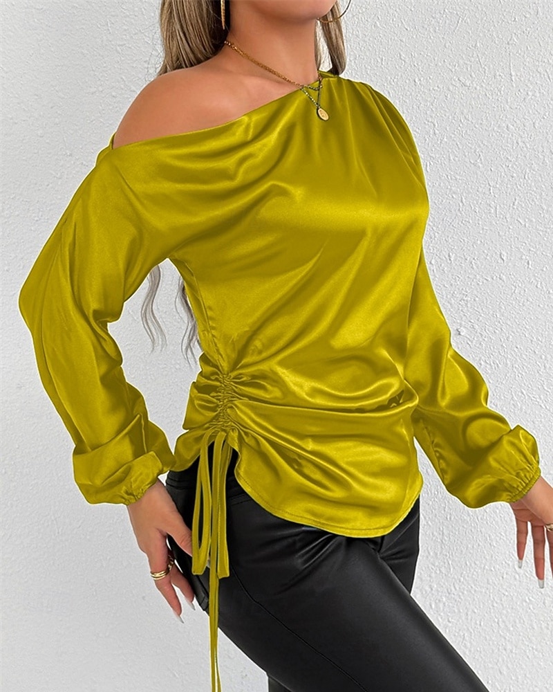 Dames Overhemd Satijnen overhemd Effen Kleur Stijlvol Casual Lange mouw koude schouder Normale tops Dagelijks Uitgaan Asymmetrisch Geel Bruin Lente Herfst 2025 - $24.99 –P9