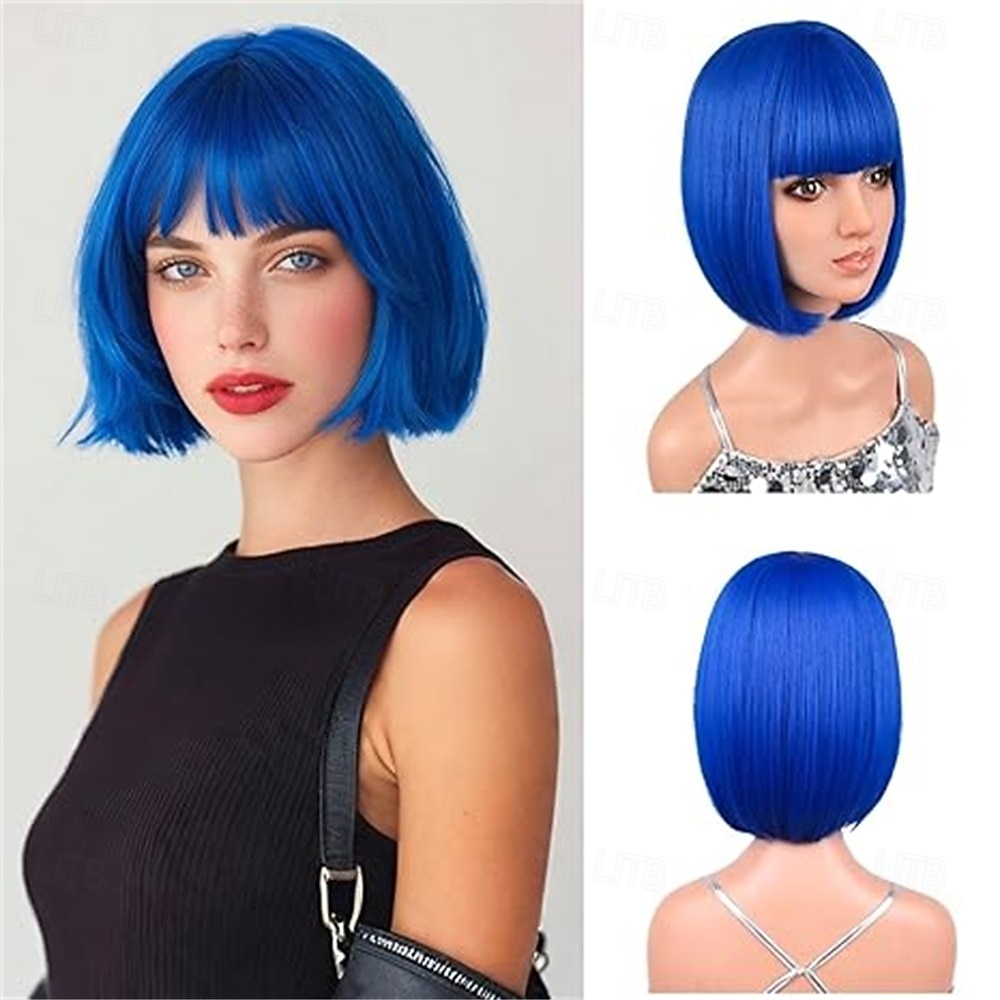 12-calowa krótka peruka typu bob w kolorze różowo-fioletowym z grzywką, kolorowa peruka na Halloween, codzienny cosplay &Peruki imprezowe odporne na ciepło, proste, syntetyczne, cosplay, 2025 - $16.49 –P4