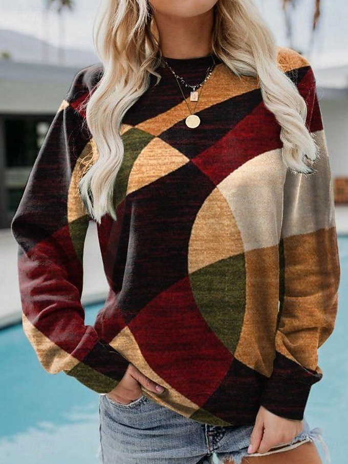 Dame Genser med genser Grafisk Geometrisk Fargeblokk Mote Fritid Langermet Crew-hals Vanlige topper Gate Hverdag Avslappet Trykt mønster Svart Rød Kakifarget Grå Høst Vinter 2025 - $24.99 –P4