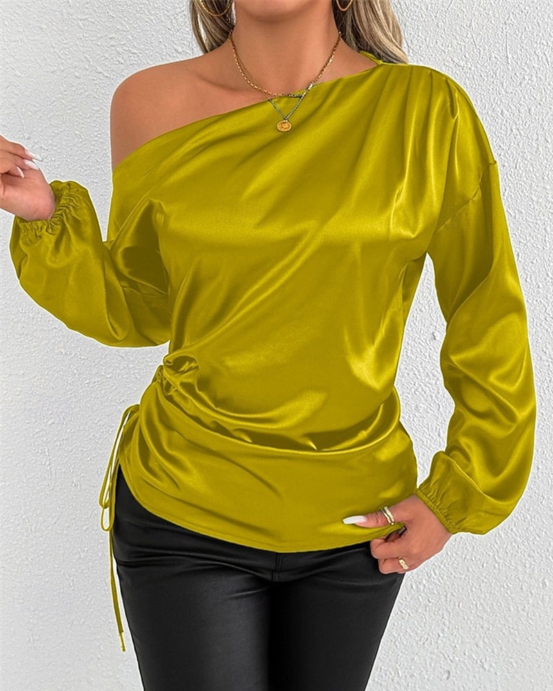 Dames Overhemd Satijnen overhemd Effen Kleur Stijlvol Casual Lange mouw koude schouder Normale tops Dagelijks Uitgaan Asymmetrisch Geel Bruin Lente Herfst 2025 - $24.99 –P7
