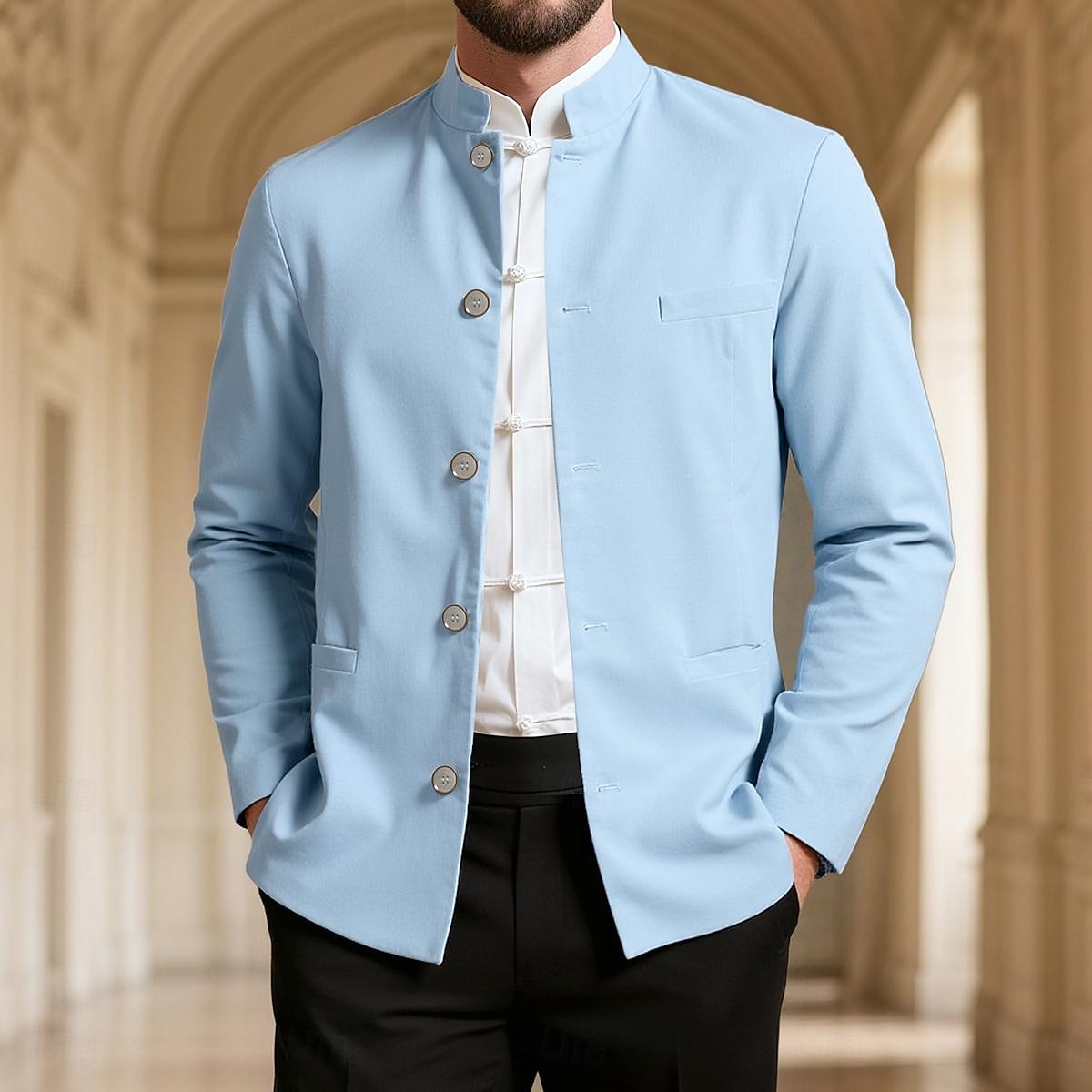 Per uomo Giacca di lino Formale Casa Bottoni Minimalista Primavera & Autunno Autunno Tutte le stagioni Tinta unica Attivo Vintage Colletto a Camicia Regolare Blu marino Verde Cachi Azzurro Giacca del 2026 a $91.99 –P15