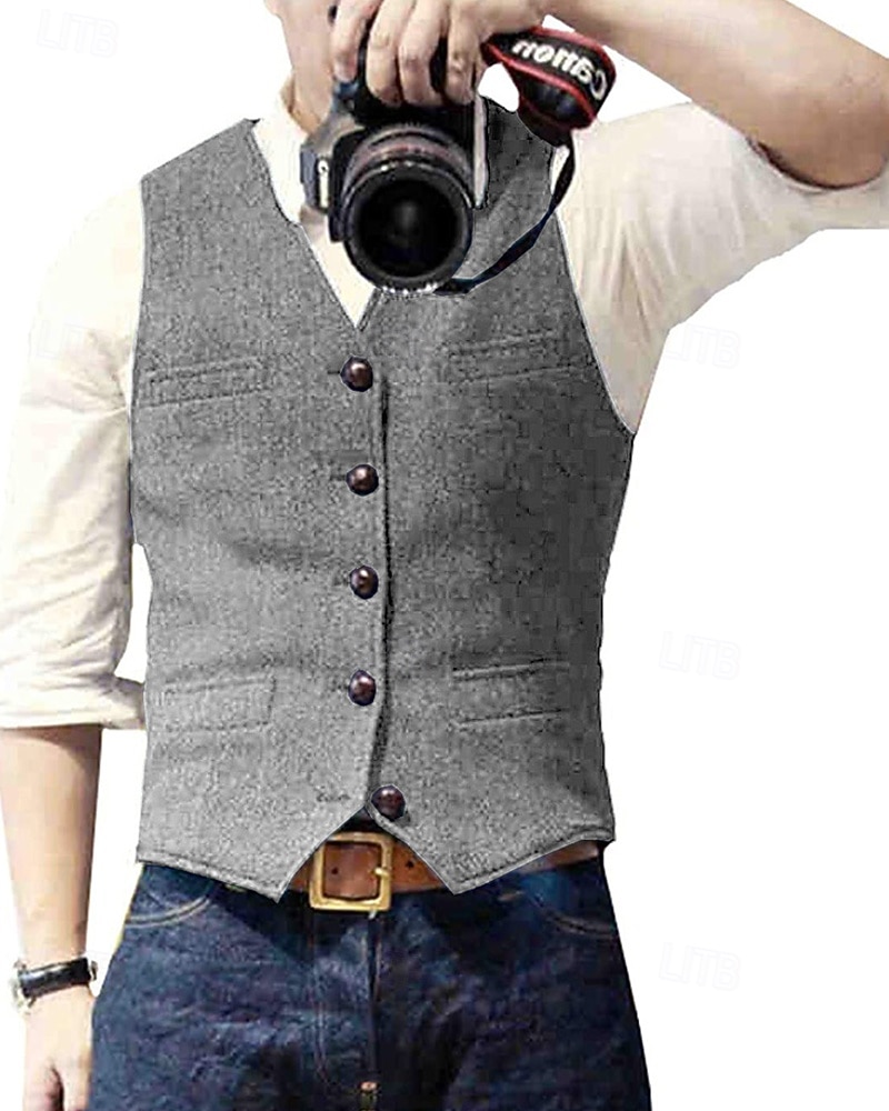 Hombre Chaleco Vacaciones Fiesta Negocio Moda Casual Primavera Otoño Bolsillo Botones Poliéster Cómodo Color sólido Recto 1 botón Escote en Pico Ajuste regular Plata Negro Champaña Vino Chaleco 2025 - $24.99 –P12