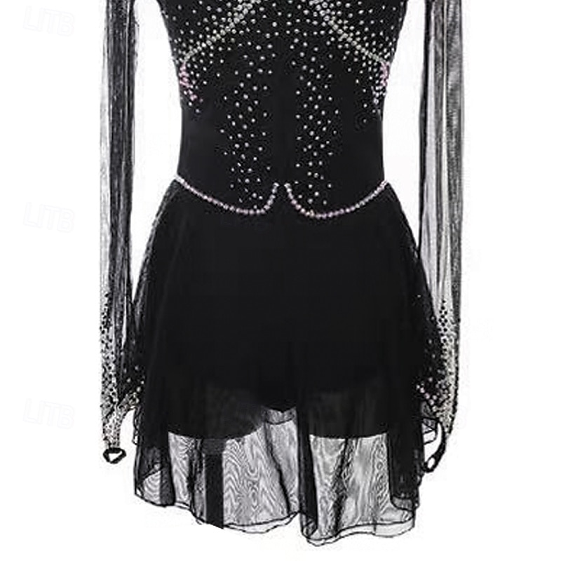 Kunstschaatsjurk Dames Voor meisjes Schaatsen Jurken Zwart Lapwerk Duimopening Netstof Spandex Rekbaar Opleiding Oefenen Professioneel Kunstschaatskleding Thermisch Warm Kristal / Bergkristal Lange 2025 - $257.69 –P4