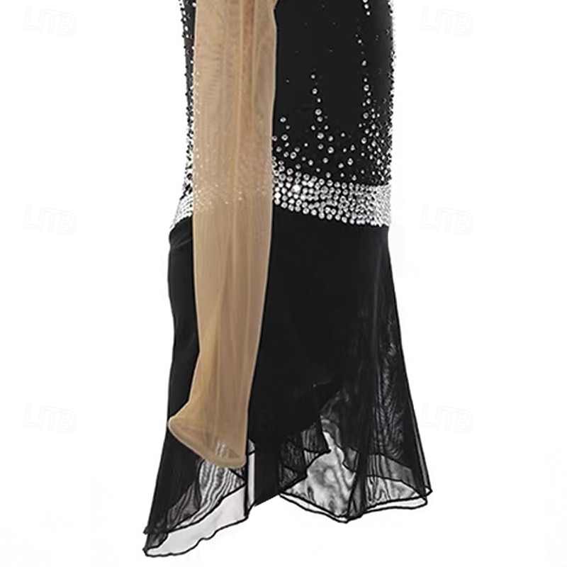 Kjole til kunstløp Dame Jente Skøyteløp Kjoler Svart Lapper Tommelhull Netting Spandex Elastisk Trening Profesjonell Konkurranse Skøyteklær Hold Varm Krystall / Rhinstein Langermet Skøyting Kunstløp 2025 - $273.89 –P5