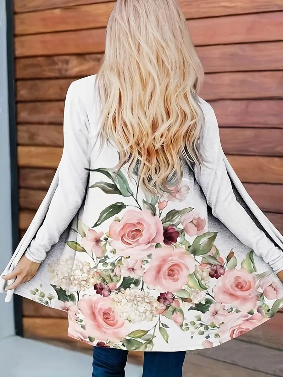 Mulheres Casaco de inverno Casaco impermeável Leve Confortável Imprimir Abertura Frontal Vintage Moda Casual Floral Férias Casual Longo Sem Colarinho Normal Manga Longa agasalhos Branco Azul de 2026 por $28.99 –P2