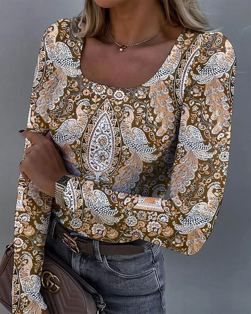 Per donna Tunica Floreale Grafico Uccello Vintage Moda Elegante Manica Lunga Collo quadrato Top Regolari Quotidiano Stampato Blu Viola Arancione Verde Primavera Autunno del 2025 a $24.99 –P2
