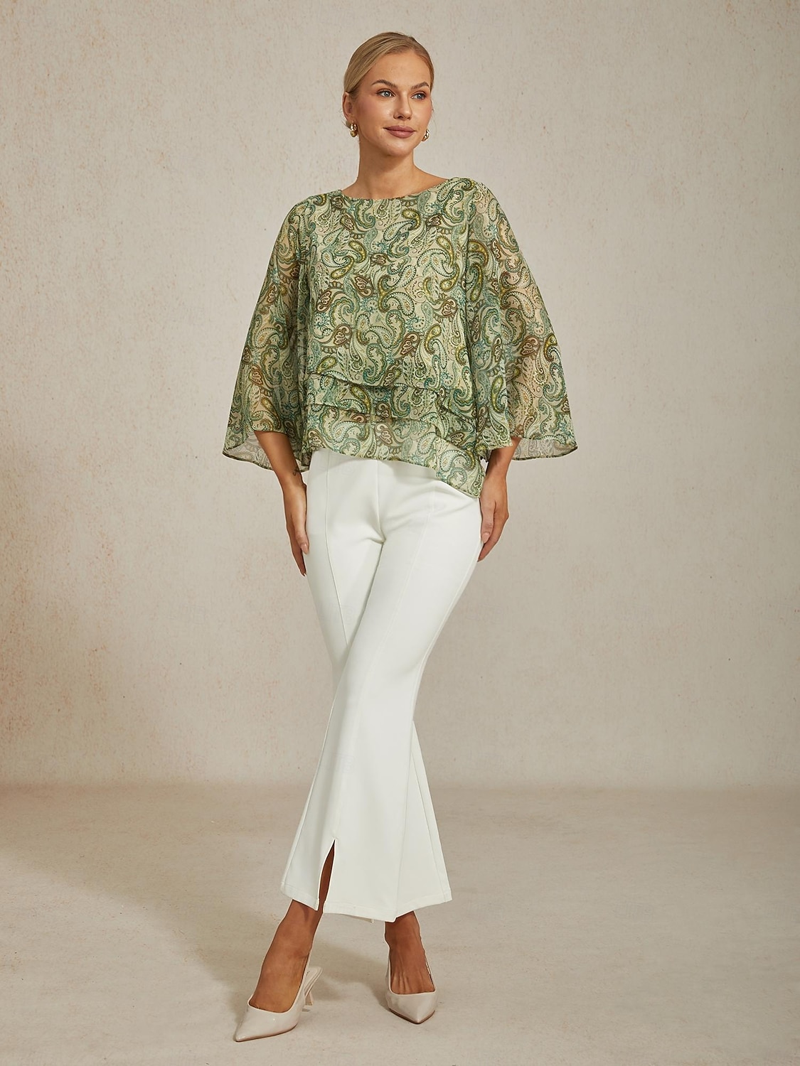 Women's Blouse Green Paisley Floral Layered 3/4 Sleeve Loose Fit Round Boat Neck Casual Elegant Spring Summer 2025 - $61.99 –P1