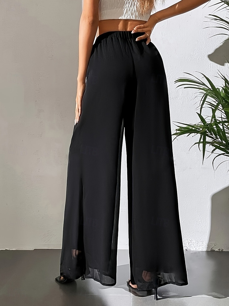 Mulheres Perna larga chinês Moda Roupa de rua Básico Comprimento total Cintura Alta Tecido Cintura elástica Confortável Macio Com Stretch Ao ar livre Rua Casual Marron Escuro Vinho Preto Branco Verão de 2025 por $26.99 –P20